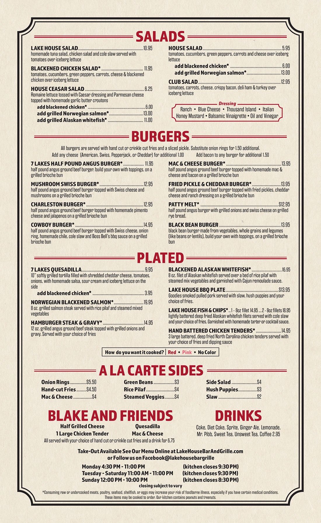 The Lake House Bar & Grille Lake House Menu, Food & Appetizers